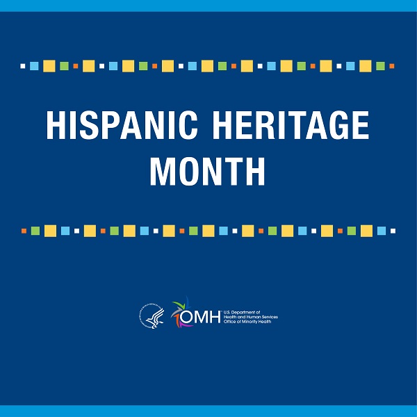 Hispanic Heritage Month banner with blue background and yellow and red boarder
